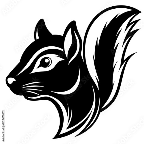 Black skunk silhouette head with bushy tail isolated on white background