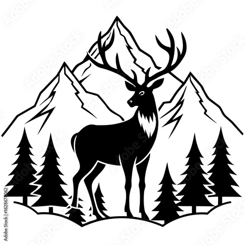 Majestic deer silhouette in mountain landscape isolated on white background