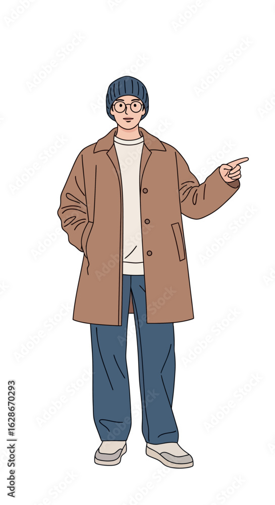 Obraz premium A stylish young man in a trendy outfit with a coat and beanie, pointing to the side. Full-length character illustration on a white background.