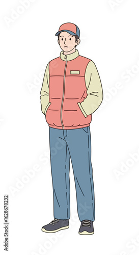Illustration of a young man in casual winter attire, wearing a puffer vest, jeans, and a cap. Full-body character design.