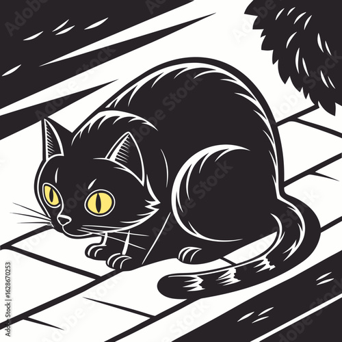 Black cat crouching silhouette on white background isolated on white background