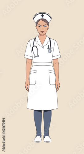 Illustration of a professional nurse in a classic white uniform with a stethoscope, representing the concept of healthcare.