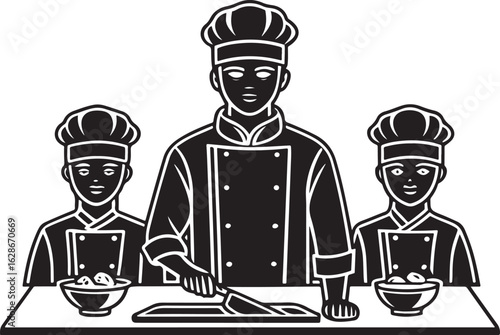 Three chefs in uniform with bowls of food and a cutting board cooking kitchen