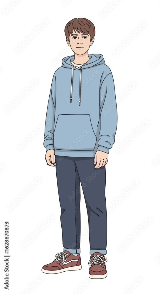 Fototapeta premium Full length illustration of a young man in casual attire, wearing a blue hoodie and sneakers, isolated on a white background