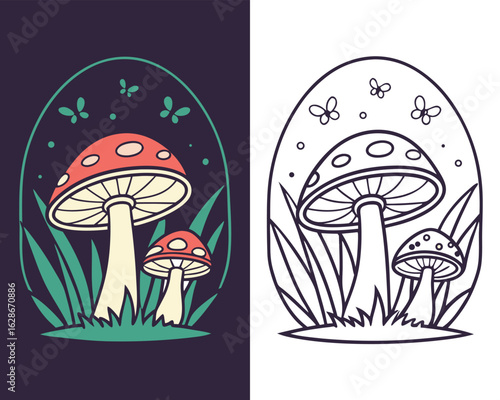 Two toadstools grow among blades of grass in a minimalist magical forest frame