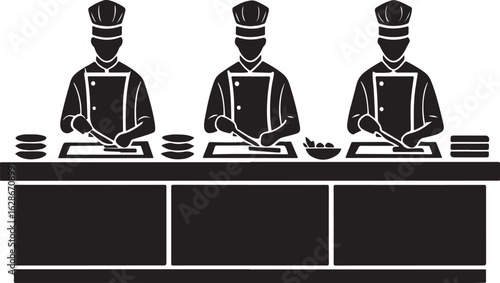 Three chefs in uniform preparing food at a counter with ingredients cooking kitchen