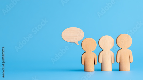 Wooden figures in conversation on blue, conveying communication and dialogue among individuals with speech bubble. Team discussion and sharing ideas.