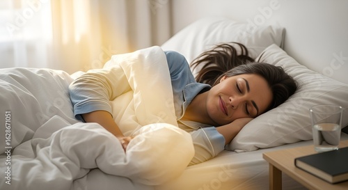 Woman peacefully sleeping in bed, sunlight streaming through window.
