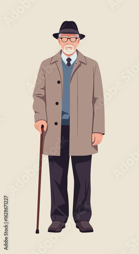 A stylish senior man in a fedora and coat holding a cane. A vector illustration concept of a dignified and wise elderly gentleman.