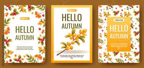 Three vector templates with the inscription Hello Autumn. Images with autumn leaves, mountain ash berries, and fruits in warm autumn colors on a light background. The frames frame the text.