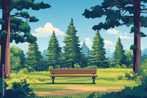 Big green coniferous trees dominate the sequoia forest landscape in a national park, where a bench is situated along a hiking trail on a summer day