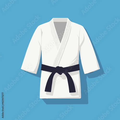 Taekwondo uniform with black belt on blue background  