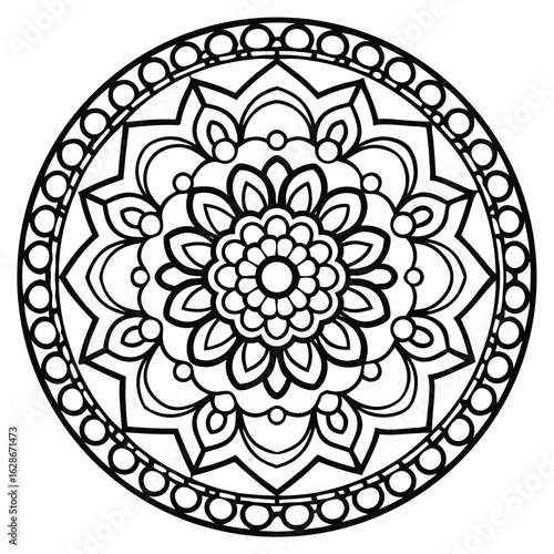 Circular Mandala Design: A Symmetrical, Hand-Drawn Ornament in Black and White                                                                        