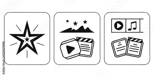 Vector art of collection of star award, mountain peak, film clapperboard and script isolated on white background