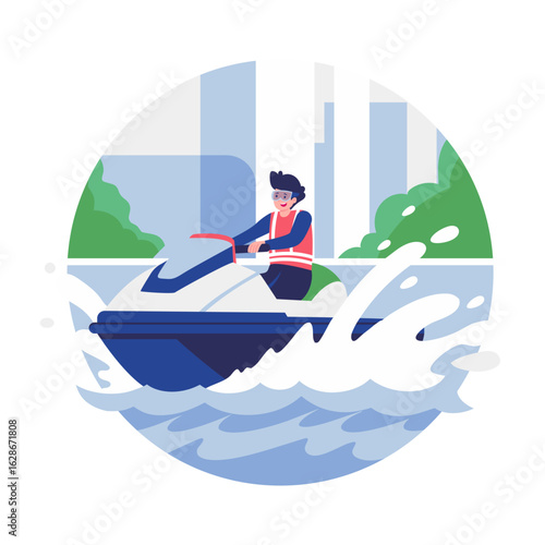 A flat style illustration showing a person traveling on boat