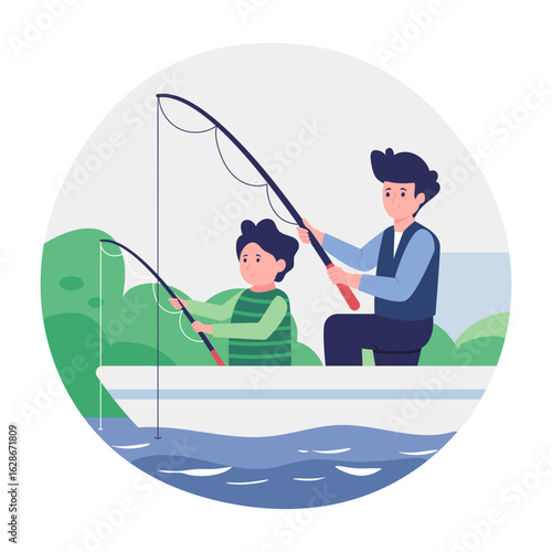 A flat style illustration showing a person doing fishing