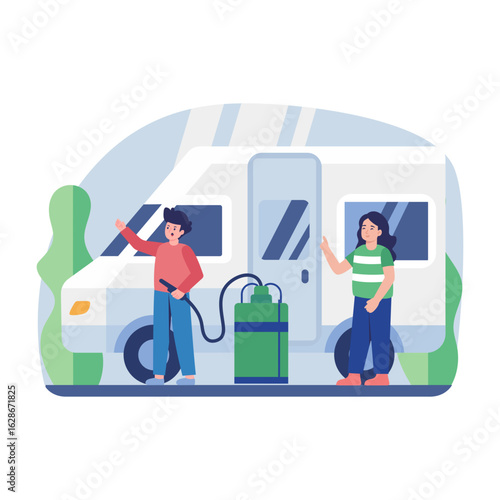 A flat style illustration showing a person refueling the car