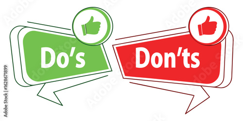 Vector art of an illustration of dos and donts with thumbs up and down isolated on white background