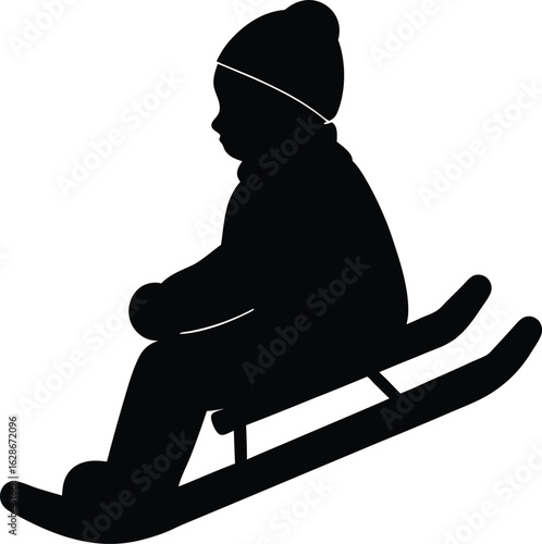 black silhouette sledding child on white backgroun.eps