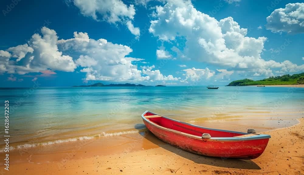 Canoe on the tropical sandy beach. Beautiful summer landscape of tropical island with boat in ocean Canoe on the tropical sandy beach. Beautiful summer landscape of tropical island with boat in ocean