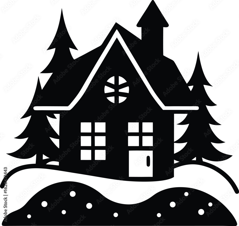 Naklejka premium black silhouette snow covered house on white backg.eps
