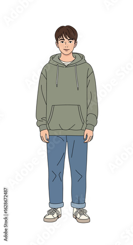 Full body portrait of a young man wearing a sage green hoodie, rolled-up jeans, and sneakers. Isolated vector illustration.