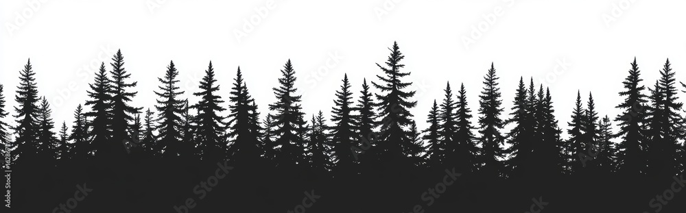 Obraz premium Modern illustration of a forest with a seamless border formed by the silhouette of evergreen trees