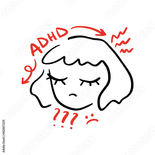 ADHD Awareness Brain with Thoughts Tears and Distress Mental Psychology Lettering Vector Clip-art 