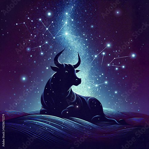 Relaxed bull silhouetted against a starry sky, with constellations above, representing Taurus in a cosmic setting