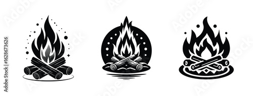 Vector illustration of set of three black and white illustrations of campfires with burning logs, isolated on white background