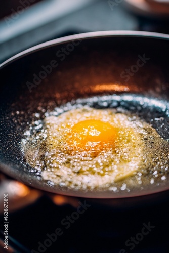 An egg is cracked open and frying in a pan with butter sizzling around it. The warm kitchen ambiance enhances the experience of preparing a delightful breakfast dish