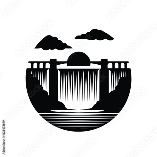 Vector illustration of stylized black and white illustration of a hydroelectric dam with a waterfall, clouds, and water in a circular frame, representing renewable energy and infrastructure