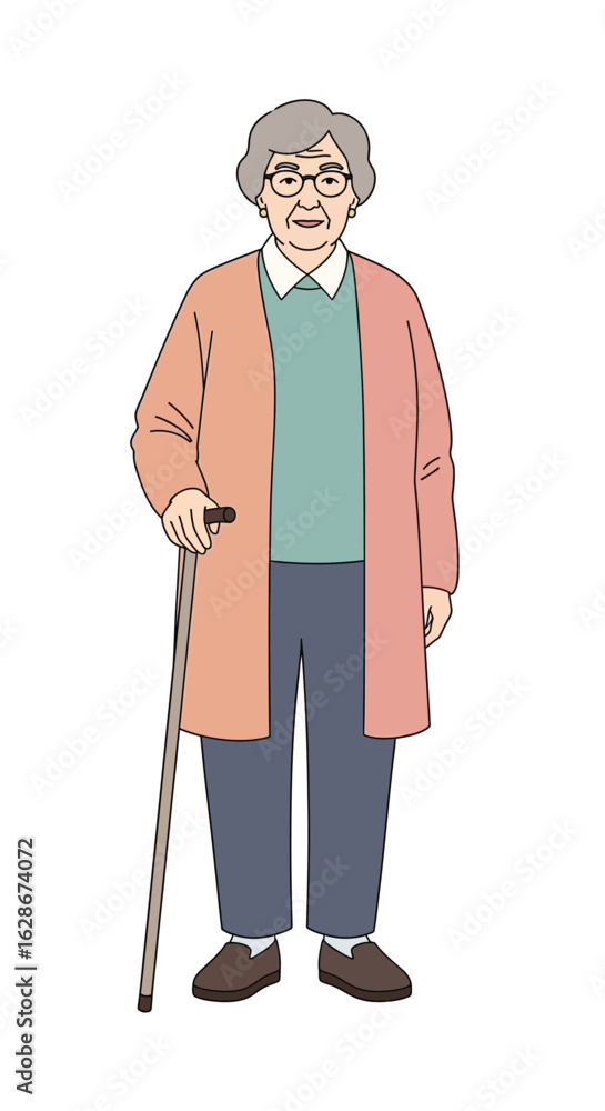 Obraz premium Full body illustration of a gentle elderly woman with glasses and a walking cane. Senior citizen character design concept.