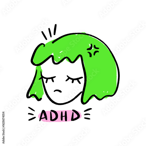 ADHD Awareness Brain with Thoughts Tears and Distress Mental Psychology Lettering Vector Clip-art 