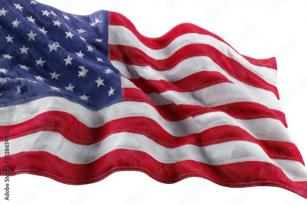 Obraz premium Waving american flag with stars and stripes fabric detailed texture isolated on white background