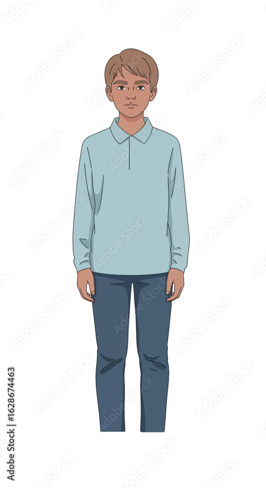 Full body illustration of a young man with brown hair standing, character design in a clean anime style on a white background. Full body illustration of a young man with brown hair standing, character design in a clean anime style on a white background.