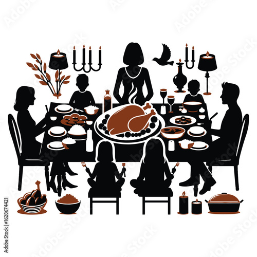 Turkey, Side Dishes, Candles, Family Dining Vector Design