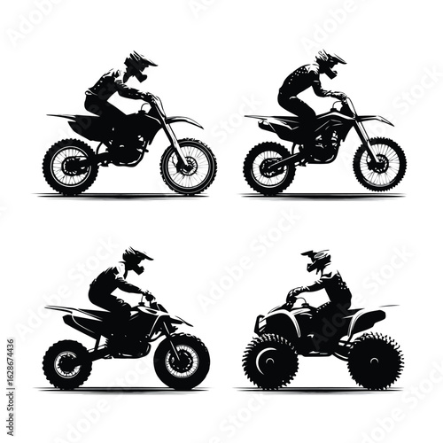 Vector illustration of collection of four motocross and atv riders in action, isolated on white background