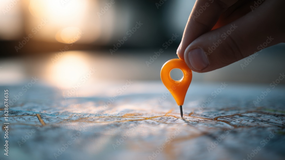 Fototapeta premium Vibrant location pin being planted on a blurred street map of an adjacent town by a franchise team member illustrating regional fitness brand growth and site selection.