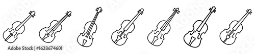 Seven stylized black and white line drawings of violins in a row