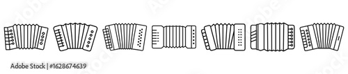 Collection of different accordion instrument line drawings in black and white