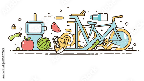 Healthy Lifestyle with Exercise Bike Fresh Fruit and Water Bottle Promoting Fitness and Well being