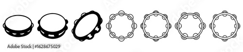 Set of Seven Tambourine Black and White Outlines and Silhouettes Illustration