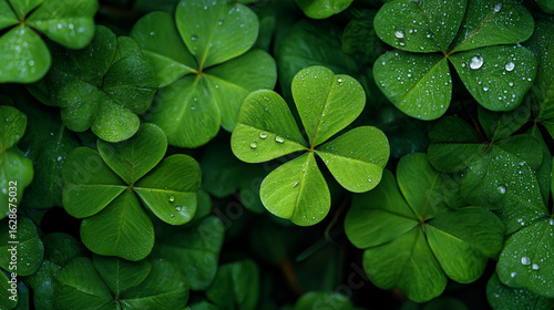 A close up of bright green shamrocks with water droplets on the leaves filling the frame view