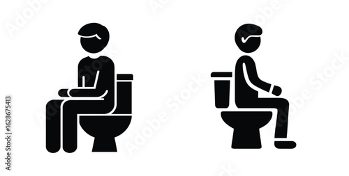 Vector illustration of two simple black icons of a man sitting on a toilet from the side and front view, isolated on white background