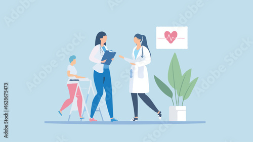 Doctors Consulting with Patient Using Walker in Clinic with Medical Chart and Heart Rate Monitor Wall Art