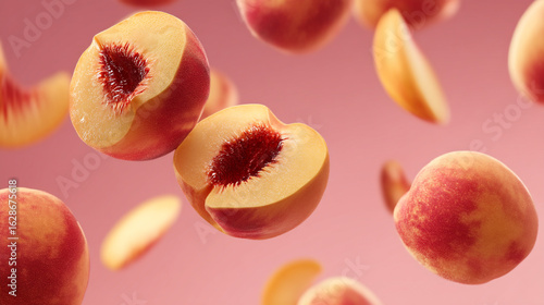 Floating peaches and slices against a pink background in a still life composition close up view