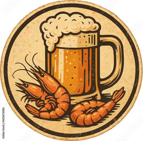 A vintage-style circular illustration featuring a frothy mug of beer and two prawns, set against a beige background.