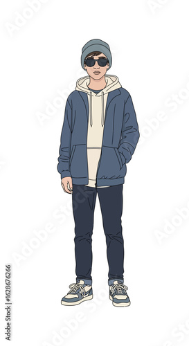 Stylish young man in a blue hoodie, beanie, and sunglasses. Full body illustration of modern street fashion.