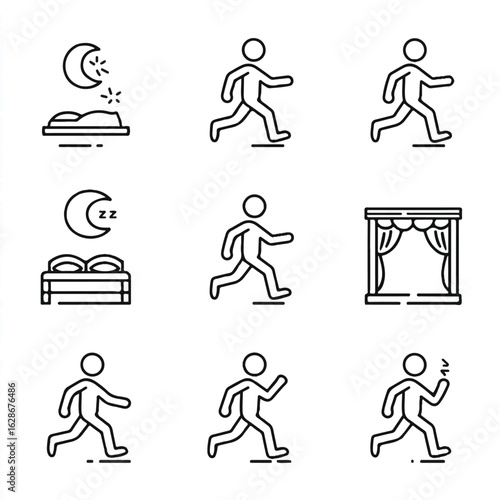 Line Art Icons Depicting Sleep Running and a Stage Set Design for Vector Illustration Projects